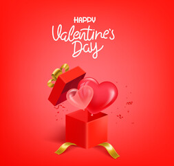 Aufkleber - Happy Valentines Day Greeting card with gift box and lettering inscription. 3d vector illustration
