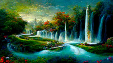 Beautiful Magical Landscape, Paradise, Eden. Lots Of Greenery, Flowers And Waterfalls. AI Illustration, Fantasy Painting, Digital Art, Artificial Intelligence Artwork
