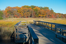 Wooden Walkway Over Marshland By Hooks Creek At Cheesequake State Park In Matawan, New Jersey -05