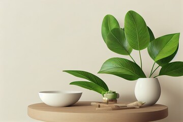 Poster - Realistic 3D render, A white round coffee table with green decor leaf plants in a vase with morning sunlight and beautiful foliage leaves shadow on beige wall. Background, Mock up, Products overlay.