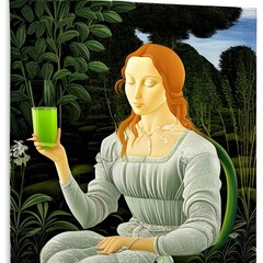 beautiful botticelli woman drinking green juice.