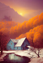Orange Landscape House Forest, Digital Painting.