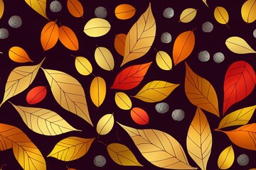 Wall Mural - Seamless pattern with autumn leaves and berries. 2d illustrated graphics.