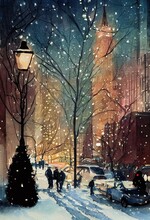 Winter Wonderland Downtown New York City During The Christmas Season. Watercolor. Digital, Illustration, Painting, Artwork, Scenery, Backgrounds