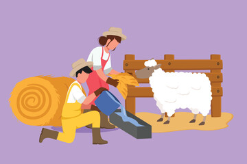 Wall Mural - Character flat drawing couple farmer feed sheep with fresh grass to be healthy, produce the best milk, meat, fleece. Livestock worker activities. Successful farming. Cartoon design vector illustration