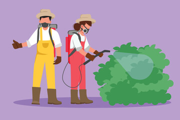 Wall Mural - Character flat drawing happy couple of farmers wearing masks and carrying equipment to spray crops with disinfectant spray. Keep plants from pests and stay healthy. Cartoon design vector illustration