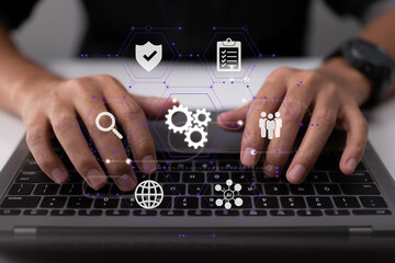 Fototapete - Software programmers who code use responsive cybersecurity and augmented reality dashboard computer icons.
