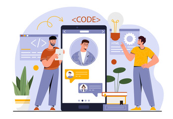 Wall Mural - web programming online. men near smartphone develop programs and applications. interface development