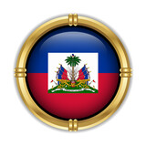 Fototapeta  - Haiti Flag circle shape button glass in frame golden. Background transparent