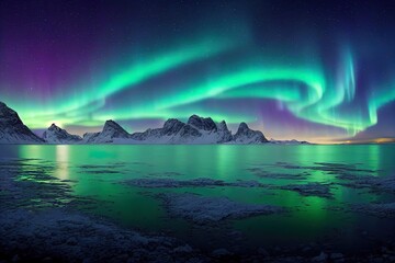 Poster - Aurora borealis over the sea, snowy mountains and city lights at night. Northern lights in Lofoten islands, Norway. Starry sky with polar lights. Winter landscape with aurora, reflection, sandy beach