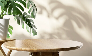 wooden round side table with green tropical plant leaf and beautiful sun light and shadow on beige w