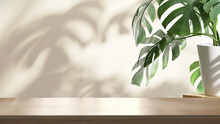 Wooden Table Counter Top With Green Tropical Plant Leaf And Beautiful Sun Light And Shadow On Beige Wall For Luxury Beauty, Organic, Health, Cosmetic, Jewelry Fashion Product Display Background