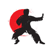Martial Arts Silhouette With Grunge Brush. Suitable For Self-defense Activity Logo