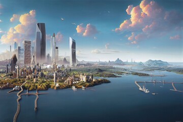 Wall Mural - panorama of the city. Generative AI Technology	