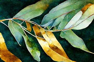 Wall Mural - Green and Gold leaf branches on rough paper texture, Watercolor painting of Botanical background