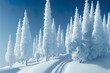White trees covered by fresh snow in Alps, postcard winter landscape.