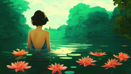 AI-generated artwork with a woman relaxing in a lake with lotus flowers surrounded by foliage