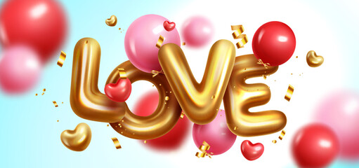 Wall Mural - Love 3d text balloon vector design. Valentine's day love balloons elements decoration for valentine background decoration. Vector Illustration.

