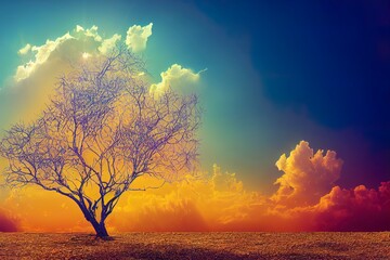 Canvas Print - Sun With Dry Tree Branches And Clouds And Gradient Yellow Blue Sky Background Best Summer Season Background Indicating Drought And Dried Tree Scorching Sun Background