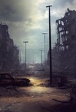 Fototapeta Most - A post apocalyptic ruined city. Destroyed buildings, burnt out vehicles and ruined roads. 3D rendering. 3D Illustration