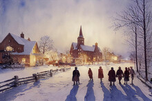Watercolor Of A Beautiful Christmas Winter Landscape, Watercolor Winter Landscape.