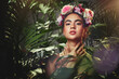© Allistair F/peopleimages.com - Beauty, rose and crown portrait of woman with tropical palm plants and natural makeup cosmetics. Flowers, headband and beautiful cosmetic model girl in fantasy floral garden touching skin.