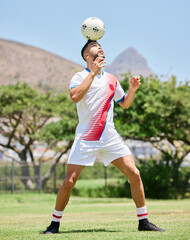 Poster - Fitness, man and soccer in sports training, exercise or workout for control on the field in the outdoors. Athletic male in football sport trick balancing ball on the head for practice in South Africa