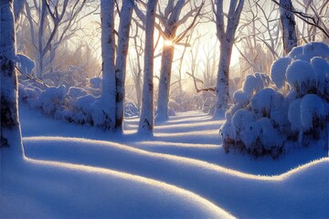 Sticker - Beautiful natural landscape of winter park with snowdrifts, bushes, trees covered with frost and snow caps, illuminated by soft sunlight.