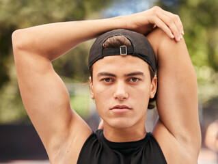 Poster - Face, fitness and stretching with a sports man getting ready for a game outdoor during summer. Portrait, health and exercise with a young male athlete going through his warmup routine for a workout