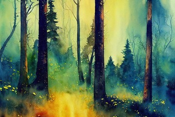 Canvas Print - Watercolor painting of elaphants. Painting of beautiful image of a elephants in the forest.