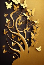3d Illustration , Dark Background , Embossed Golden Tree With Flowers , Golden Butterflies