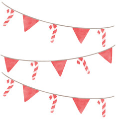 Wall Mural - Christmas candy cane and red triangle party bunting. Watercolor illustration.