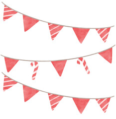 Wall Mural - Christmas candy cane and red triangle party bunting. Watercolor illustration.