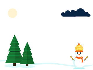 Sticker - Winter Holidays Poster Design With Cute Snowman, Paper Xmas Tree, Snowflakes On Full Moon Background.