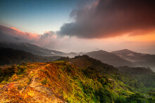 Landscape View During Morning, Sunrise Mountain At Genting Highlands, PahangBackground For Wallpaper Use And Browser.