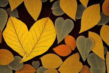 Wall Mural - Heart shaped yellow birch leaf covered with frost. Valentine's day concept.