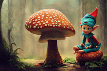 AI Generated Image Of A Cute Elf Kid Sitting On A Large Mushroom 