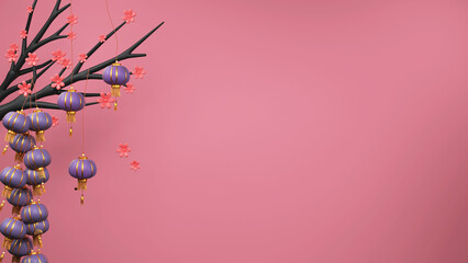 Sticker - 3D Sakura Flower Branch Decorated With Chinese Lanterns Hang On Pink Background And Copy Space.