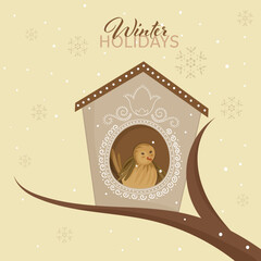 Wall Mural - Winter Holidays Poster Design With Bird Inside House Over Tree Branch On Pastel Yellow Snow Falling Background.