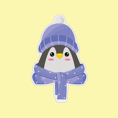 Poster - Cute Penguin In Hat with Scarf On Yellow Background.