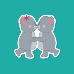 Poster - Sticker Style Beautiful Kissing Koala Couple Over Teal Background.