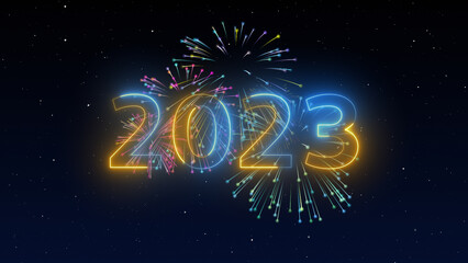 2023 Happy New Year Fireworks on dark night blue sky background with decoration with neon number on yellow and blue background. illustration winter festival season for card and template. modern event