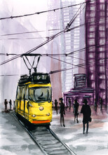 City Street With Yellow Tram. Watercolor On Paper.