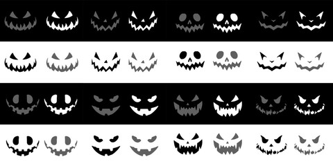 Canvas Print - Set of Halloween spooky pumpkin smiling face icons on white and black backgrounds