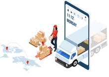 3D Isometric Logistics And Delivery Services Concept With People Transport Product Boxes From Suppliers To Buyers And Warehouse, Truck, Forklift. Clipart Transparent PNG