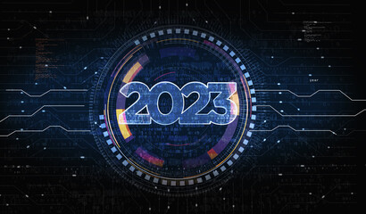 2023 year futuristic neon symbol digital concept 3d illustration