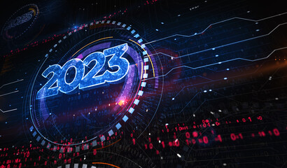 2023 year futuristic neon symbol digital concept 3d illustration