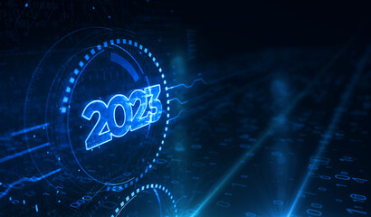 2023 year futuristic neon symbol digital concept 3d illustration