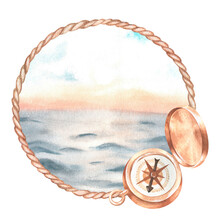 Seascape In A Rope Wreath And Compass. Watercolor Illustration. Isolated On A White Background.