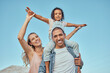 © Delcio F/peopleimages.com - Family, play and smile with quality time in nature with a mother, dad and girl with happiness. Portrait of a happy father, mom and child together with love and interracial parent care for a kid
